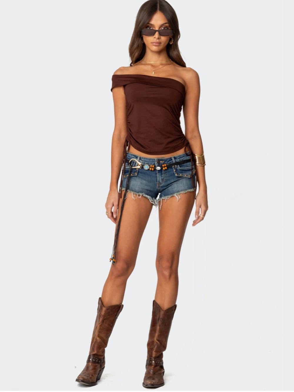 Edikted Blue Denim Distressed Jean Shorts with Brown Accents